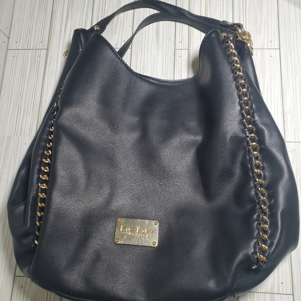 BEBE Black Faux Leather Boho Faux Gold Chain Womans Purse  Good pre owned condit